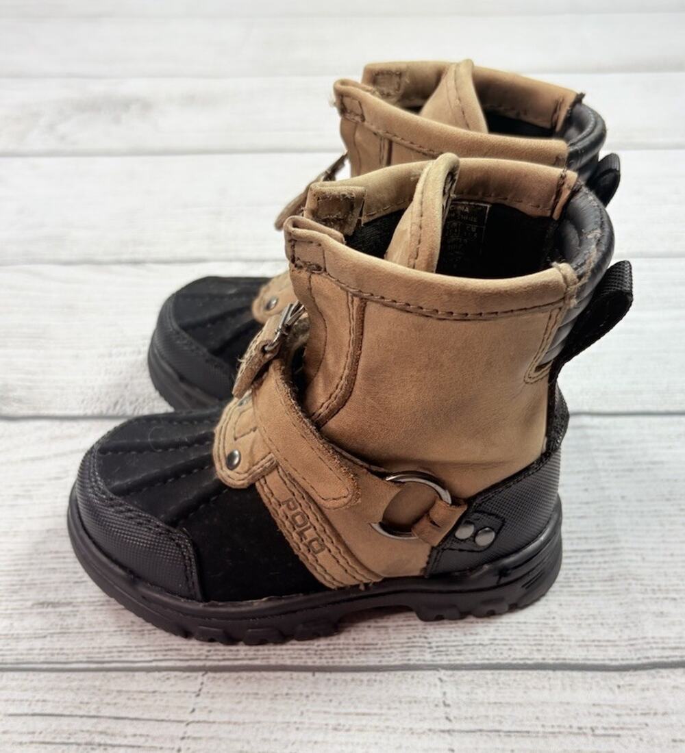 Polo Ralph Lauren Sport Conquest Hi Leather Boots Black Tan Toddler Size 5.5